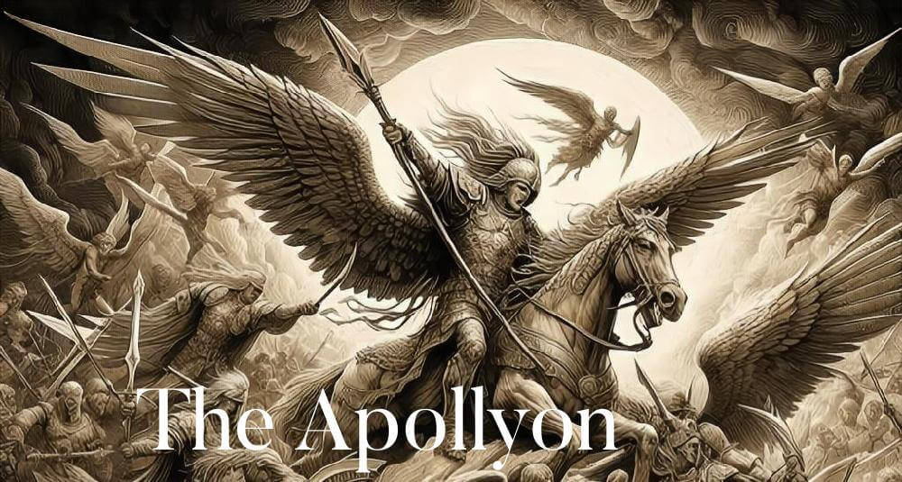 Apollyon Apollo The Destroyer Logo. Reddish orange sun with laurel wreath in centre.