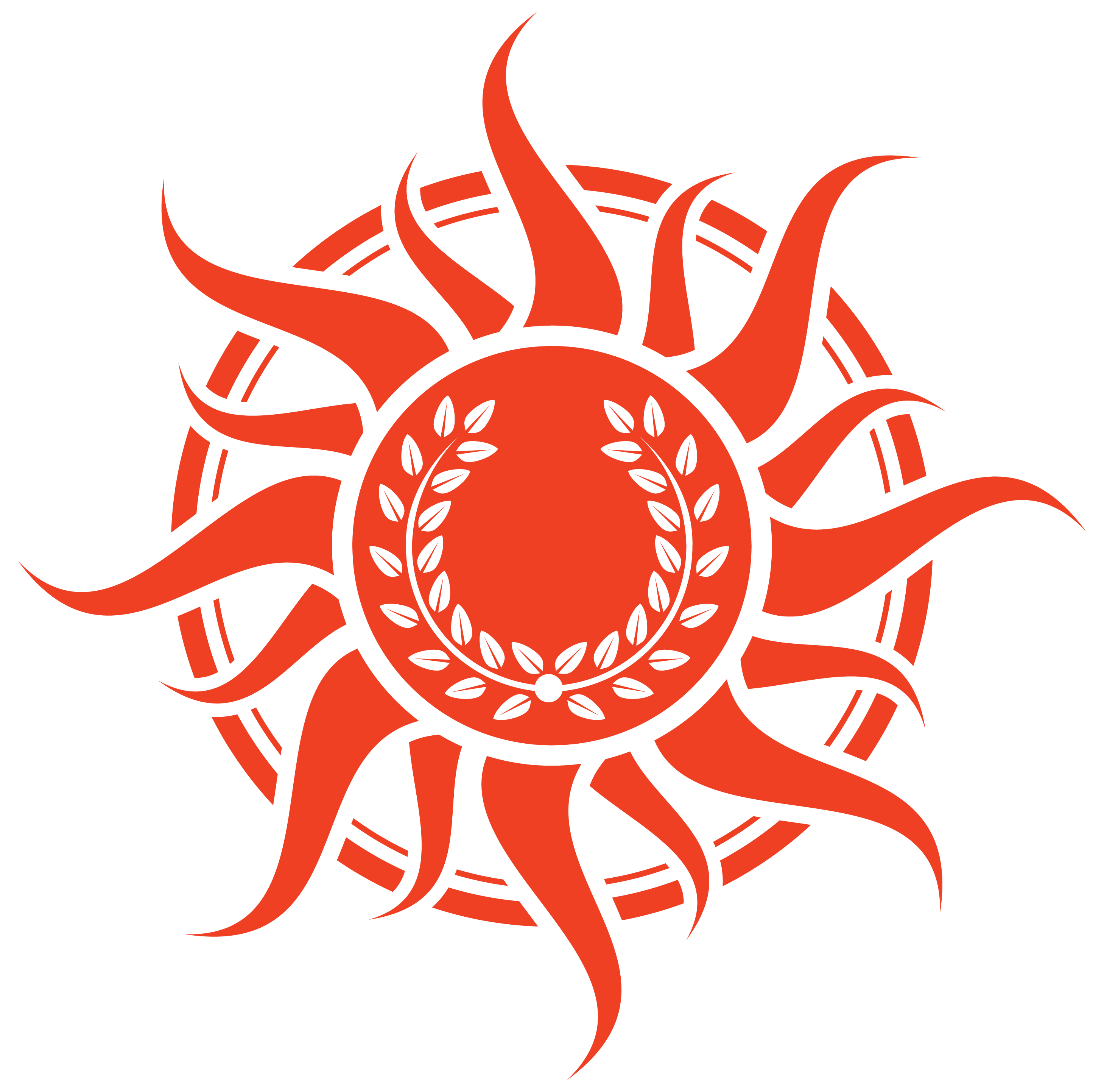 Apollyon Apollo The Destroyer Logo. Reddish orange sun with laurel wreath in centre.